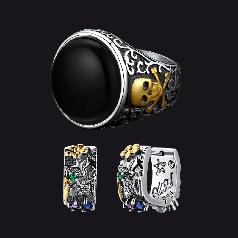 Black Onyx Skull Signet Ring & Graffiti Joker Star Earring Jewelry Set For Men made by FaithHeart