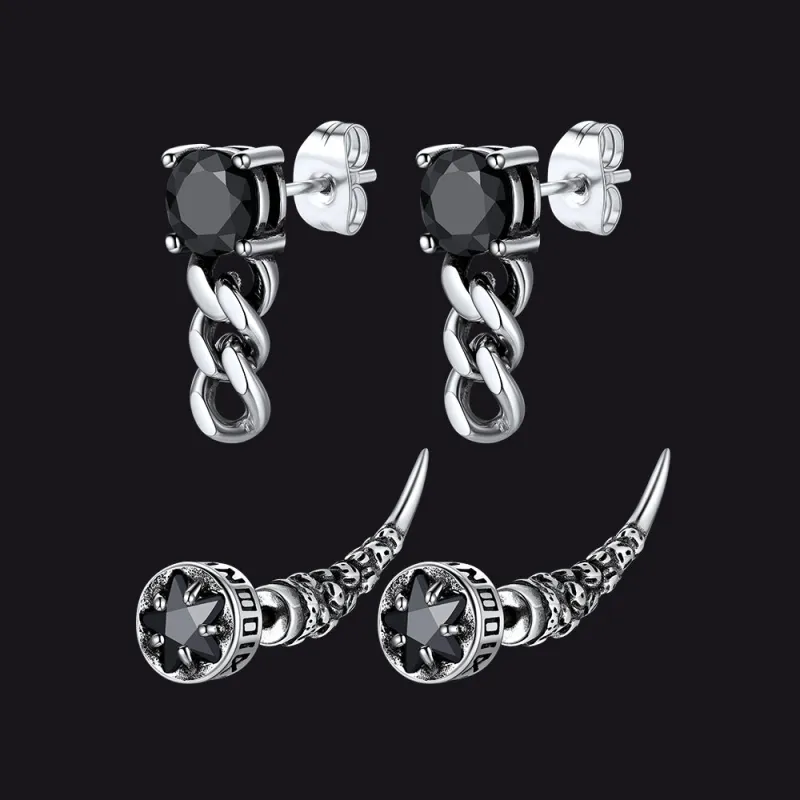 Cubic Zirconia Chain Dangle Earrings & CZ Rune Fang Studs Earrings Set for Men made by FaithHeart