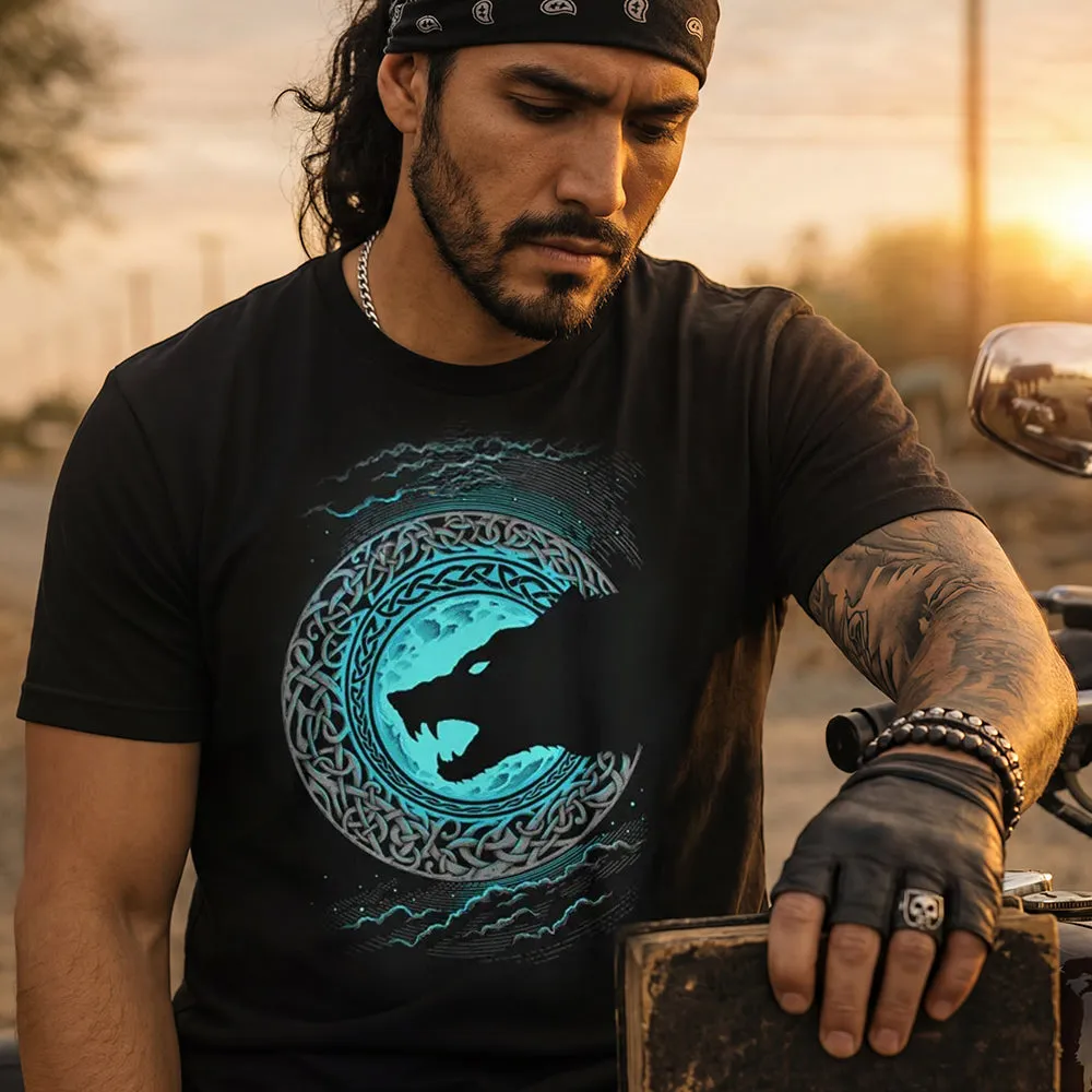Viking Celtic Knot Blue Moon Wolf Silhouette Heavyweight Cotton T-Shirt for Men sold by FaithHeart product image thumbnail 3