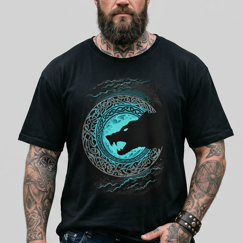Viking Celtic Knot Blue Moon Wolf Silhouette Heavyweight Cotton T-Shirt for Men sold by FaithHeart