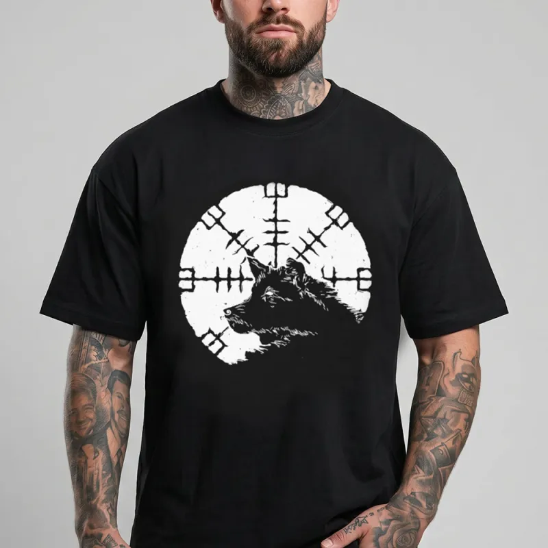 Vegvisir Viking Compass Wolf Graphic Heavyweight Cotton T-Shirt for Men made by FaithHeart