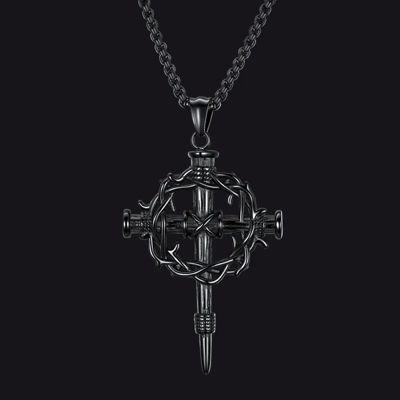 Crown of Thorns & Nail Cross Pendant Necklace for Men made by FaithHeart