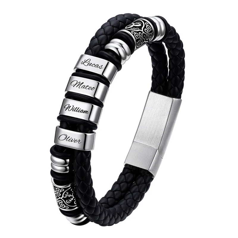 Viking Leather Braided Wristband Bracelet with Custom Names Beaded for Men Gift made by FaithHeart
