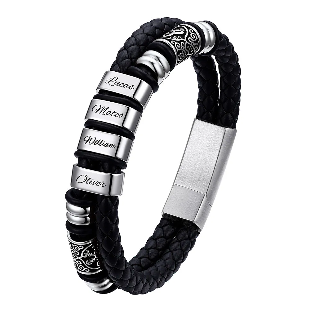 Viking Leather Braided Wristband Bracelet with Custom Names Beaded for Men Gift sold by FaithHeart