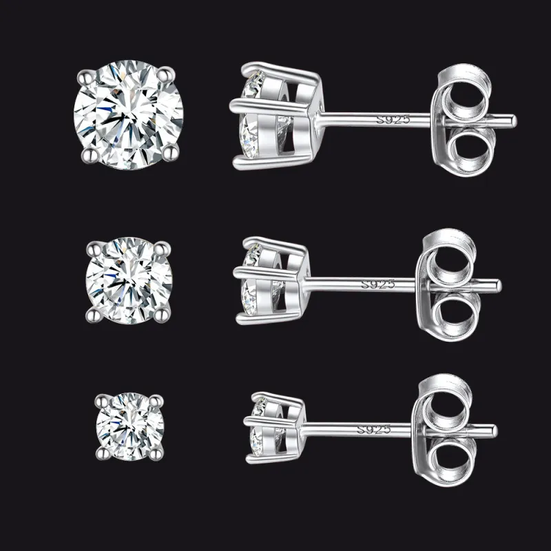 925 Sterling Silver 3 Pairs CZ Stud Earrings Set for Men, 3/4/5mm made by FaithHeart