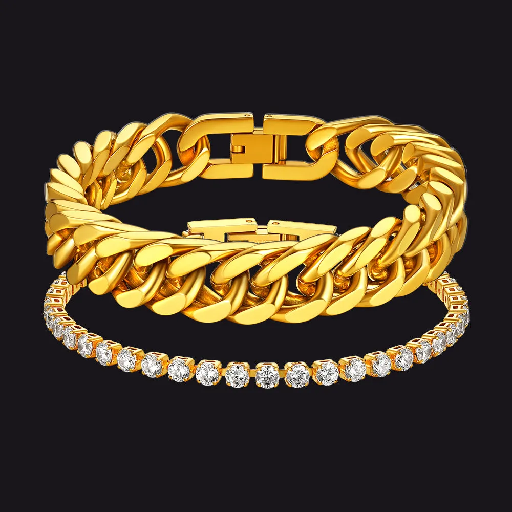 12MM Chunky Cuban Chain Bracelet & 3MM CZ Tennis Chain Bracelet Set for Men sold by FaithHeart product image thumbnail 3
