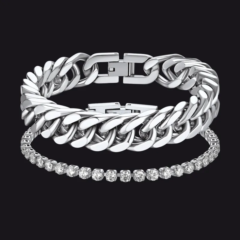 12MM Chunky Cuban Chain Bracelet & 3MM CZ Tennis Chain Bracelet Set for Men made by FaithHeart
