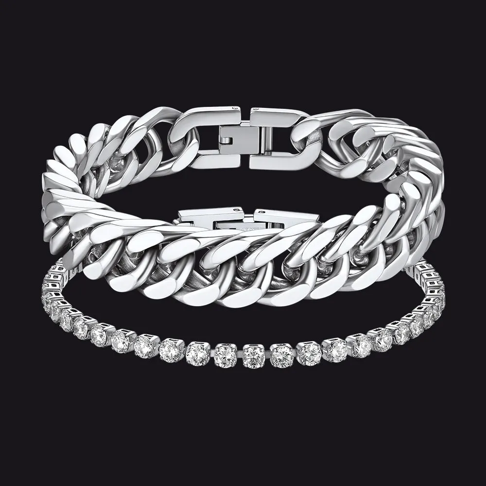 12MM Chunky Cuban Chain Bracelet & 3MM CZ Tennis Chain Bracelet Set for Men sold by FaithHeart