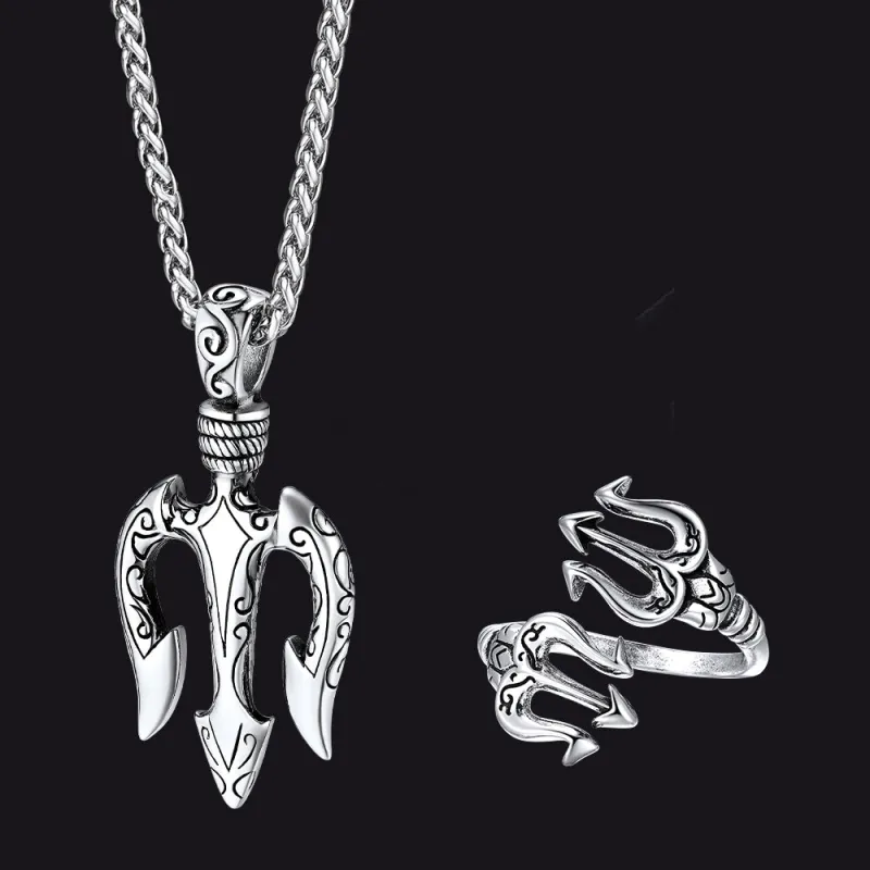 Greek Poseidon Trident Necklace & Ring Jewelry Set for Men made by FaithHeart