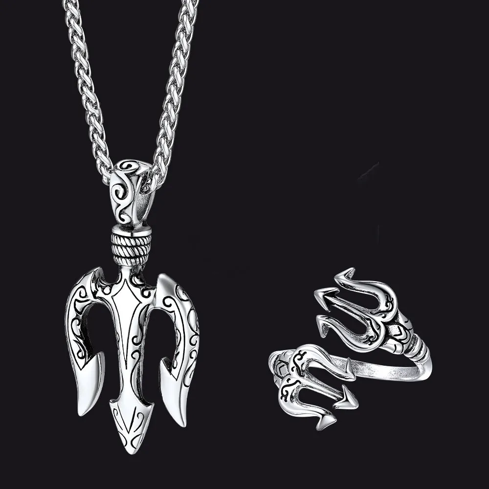 Greek Poseidon Trident Necklace & Ring Jewelry Set for Men sold by FaithHeart
