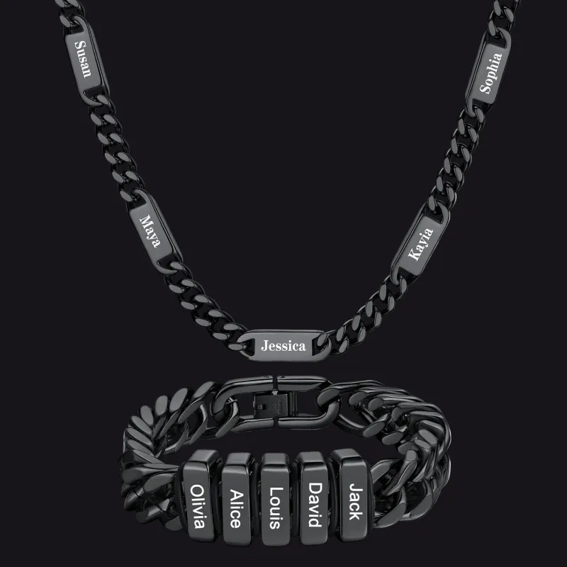 Engraved Names Cuban Link Chain & Bracelet Jewelry Set for Men Husband made by FaithHeart
