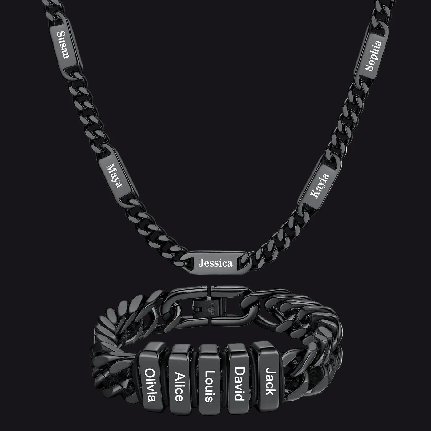 Engraved Names Cuban Link Chain & Bracelet Jewelry Set for Men Husband sold by FaithHeart