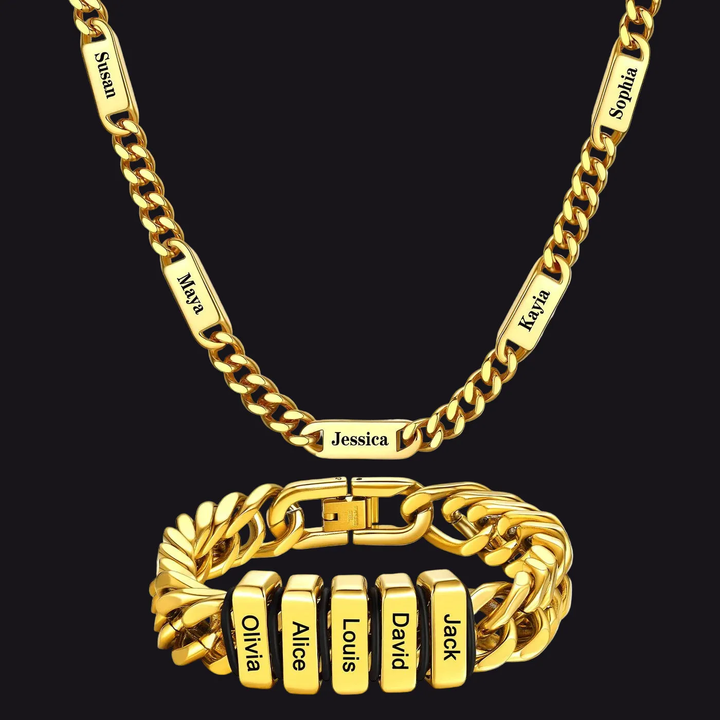 Engraved Names Cuban Link Chain & Bracelet Jewelry Set for Men Husband sold by FaithHeart product image thumbnail 2