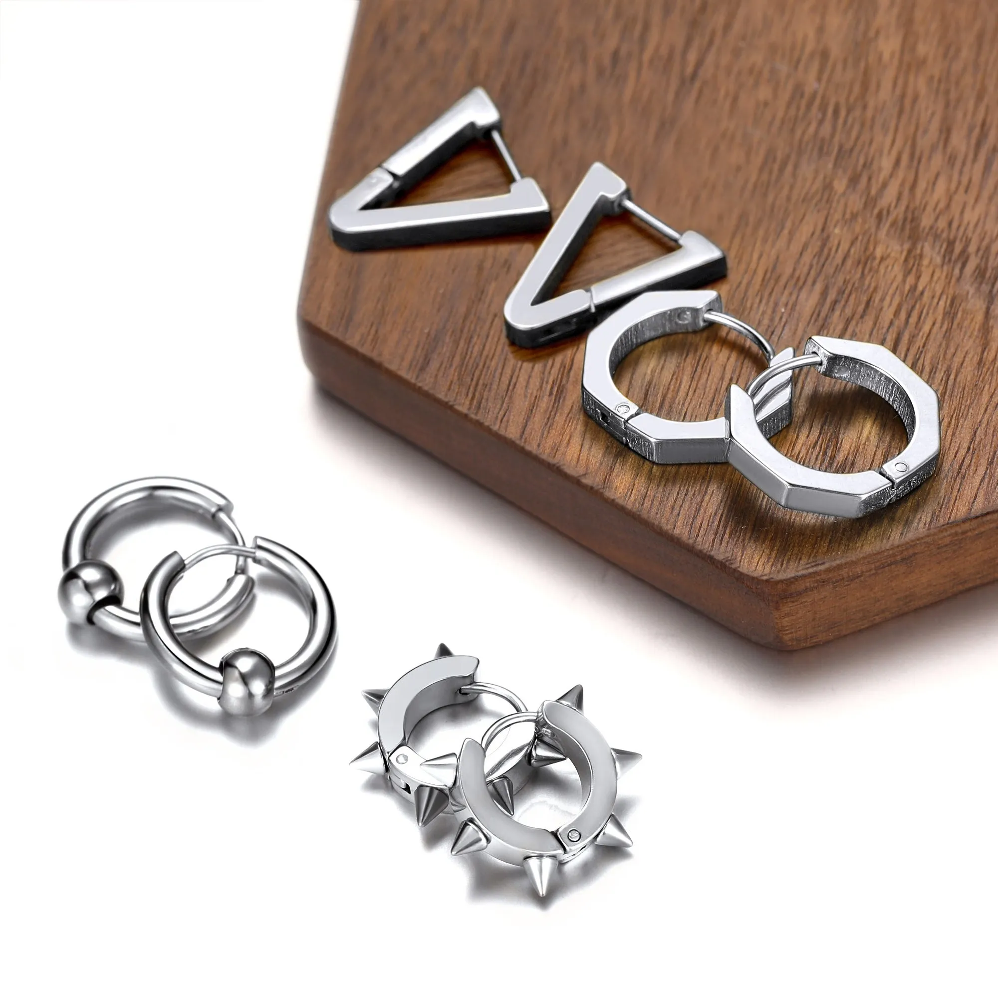 Punk 4Pcs Rivets / Hoop / Geometry / Triangle Earrings Set for Men sold by FaithHeart product image thumbnail 3