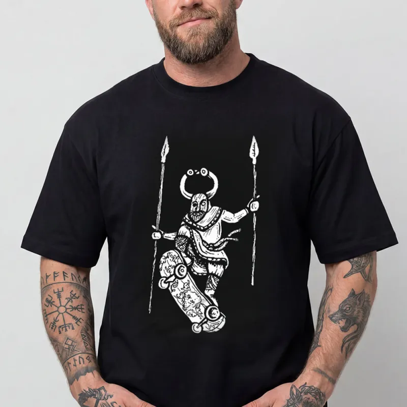 Skateboarding Viking T-Shirt – Funny Odin Skater Tee for Men made by FaithHeart