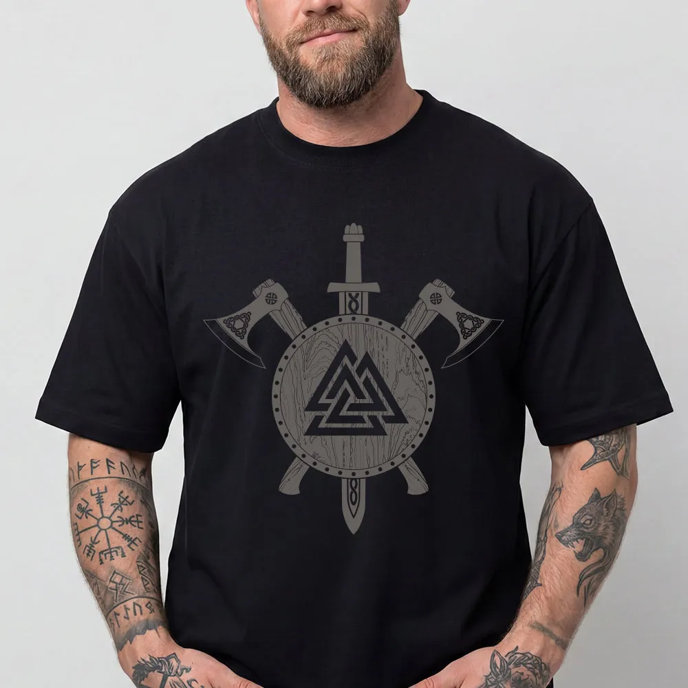 Viking Valknut Shield Sword & Axes T-Shirt for Men sold by FaithHeart