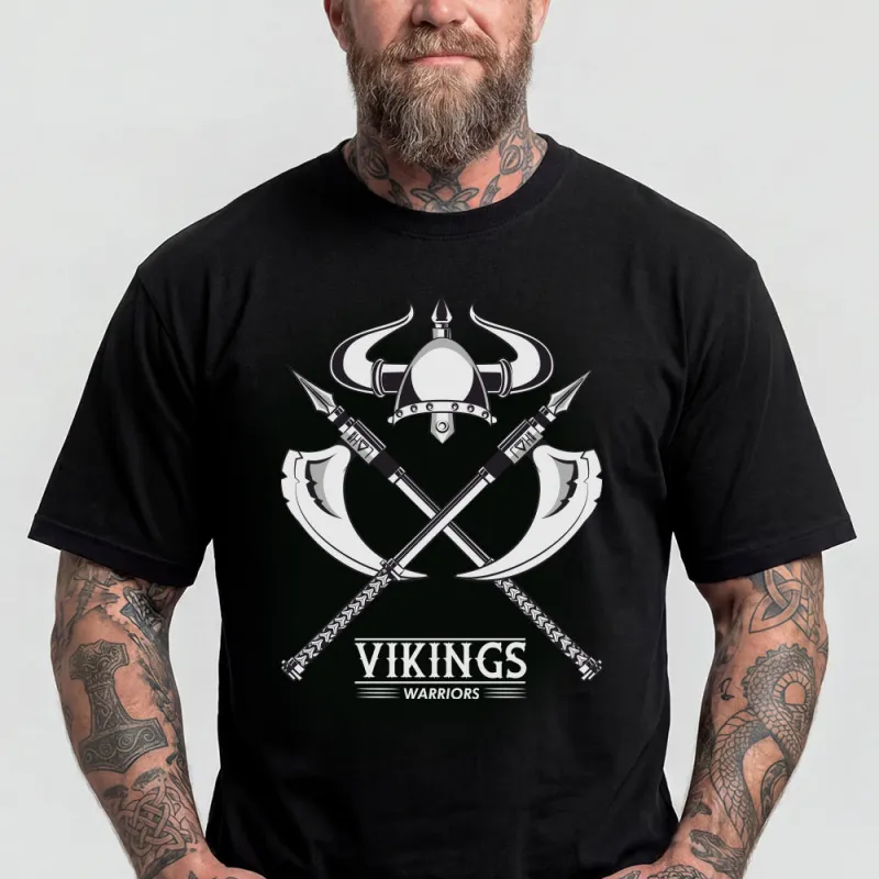 Viking Warriors Horned Helmet Crossed Battle Axes T-Shirt for Men made by FaithHeart