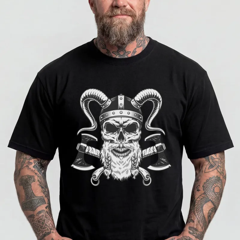 Viking Norse Warrior Horned Skull Helmet Battle Axes T-Shirt for Men made by FaithHeart