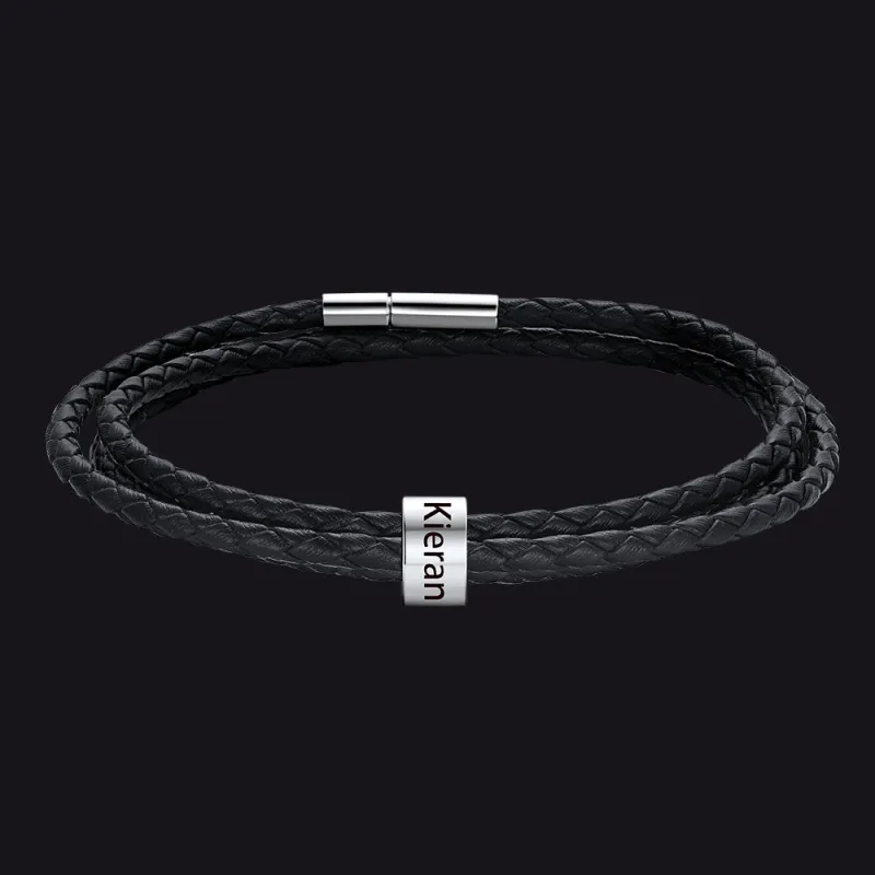 Engraving Muti Names Leather Wristband Bracelet with Beaded for Men made by FaithHeart