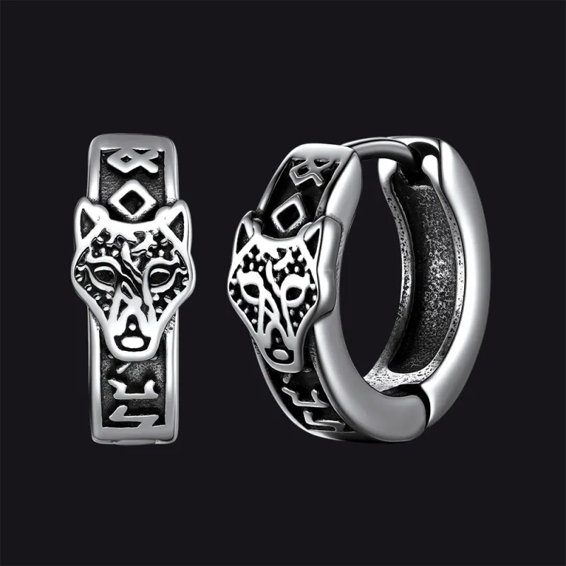 Norse Viking Rune Wolf Hoop Earrings for Men made by FaithHeart