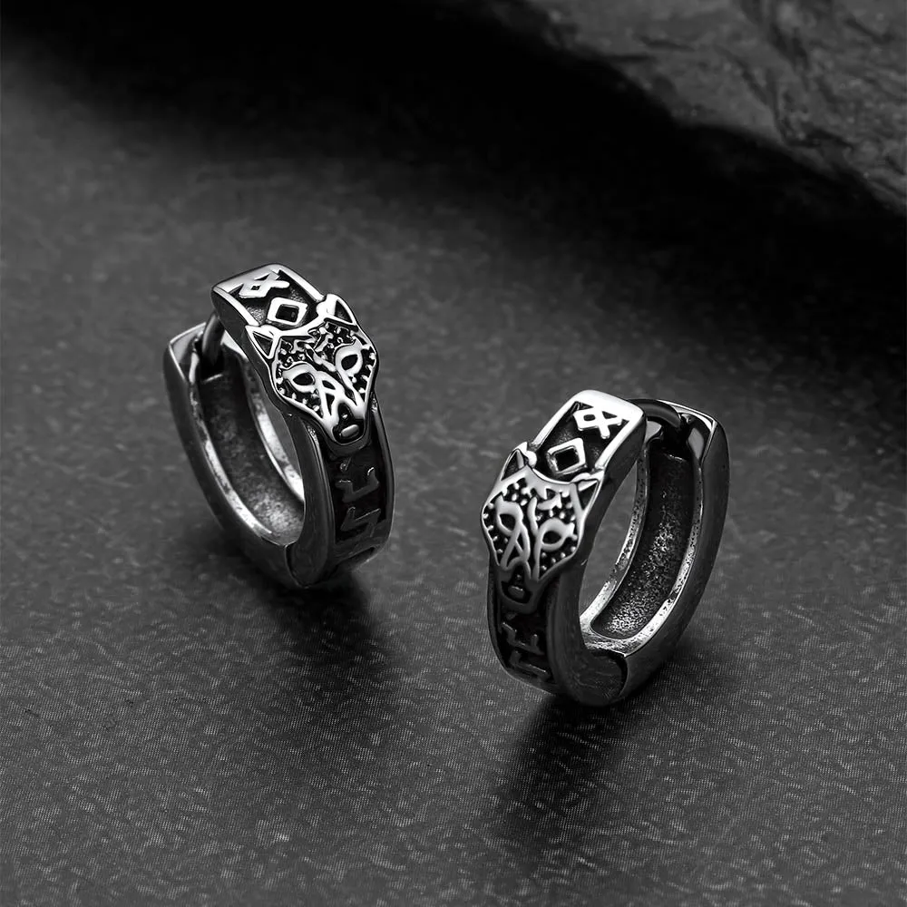 Norse Viking Rune Wolf Hoop Earrings for Men sold by FaithHeart product image thumbnail 2