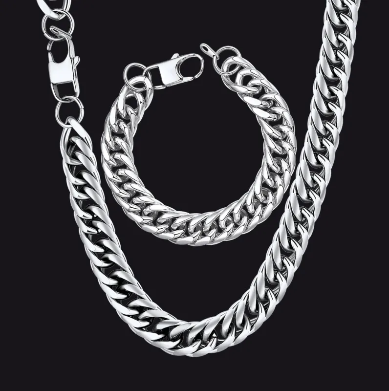12mm Width Bold Cuban Chain & Bracelet Set for Men made by FaithHeart