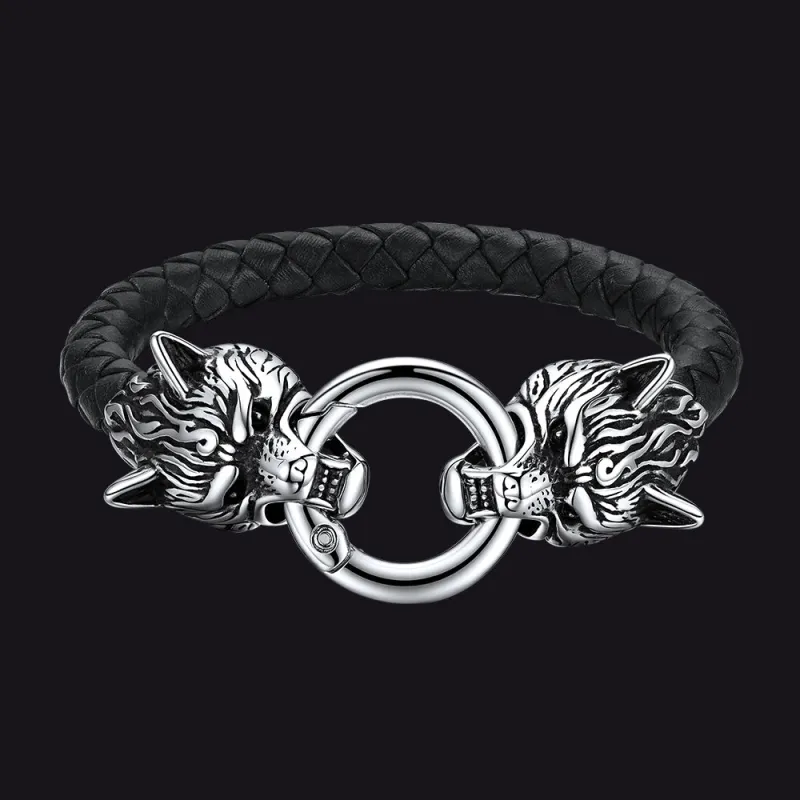 Viking Wolf Head Leather Bracelet Wristband for Men Guys made by FaithHeart