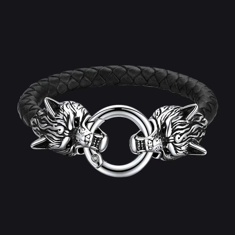 Viking Wolf Head Leather Bracelet Wristband for Men Guys sold by FaithHeart