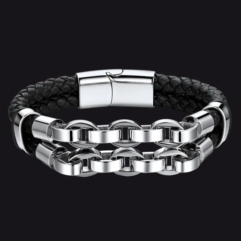 Punk Gothic Multilayer Leather Bracelet Double-Row Stainless Steel Chain Bangle for Men made by FaithHeart
