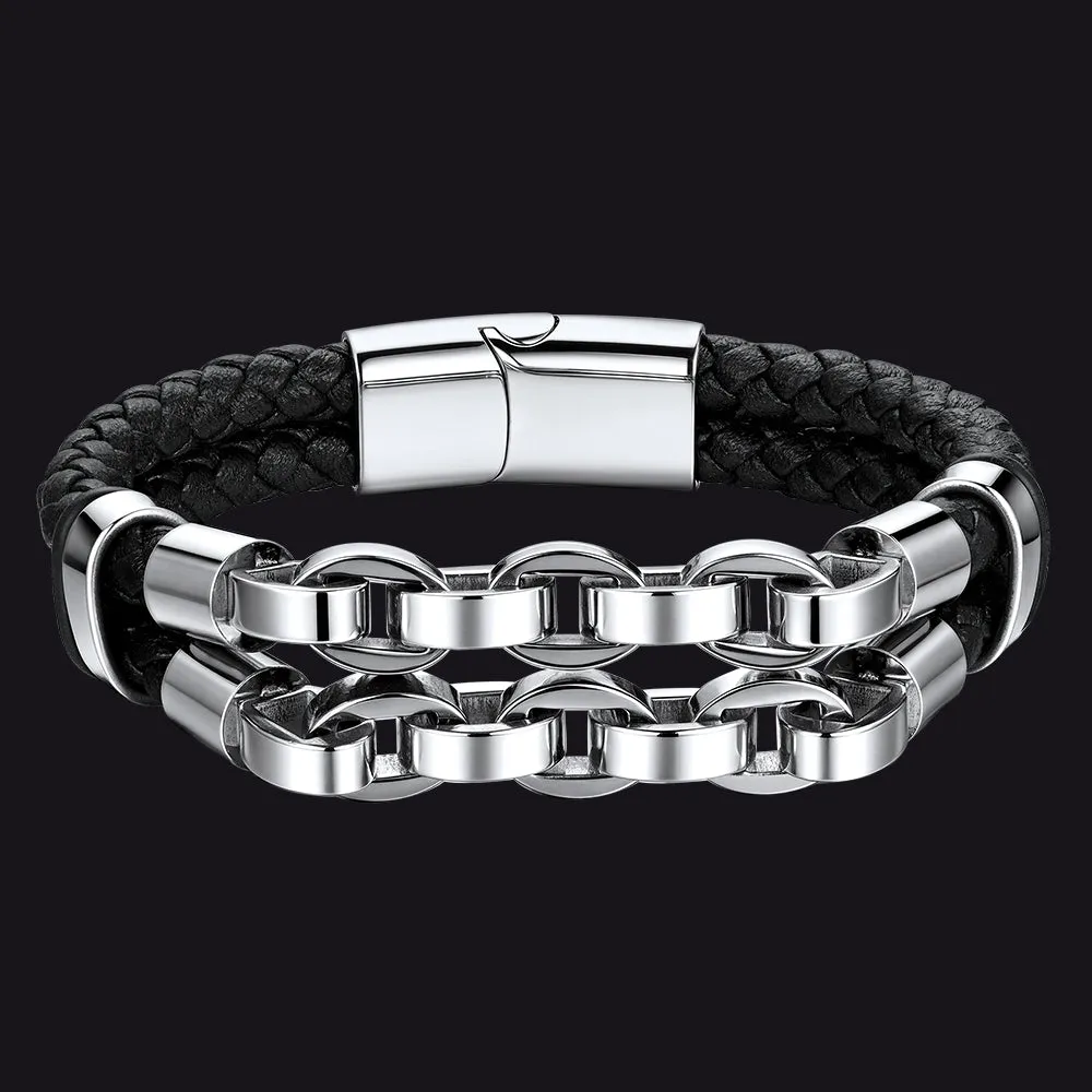 Punk Gothic Multilayer Leather Bracelet Double-Row Stainless Steel Chain Bangle for Men sold by FaithHeart