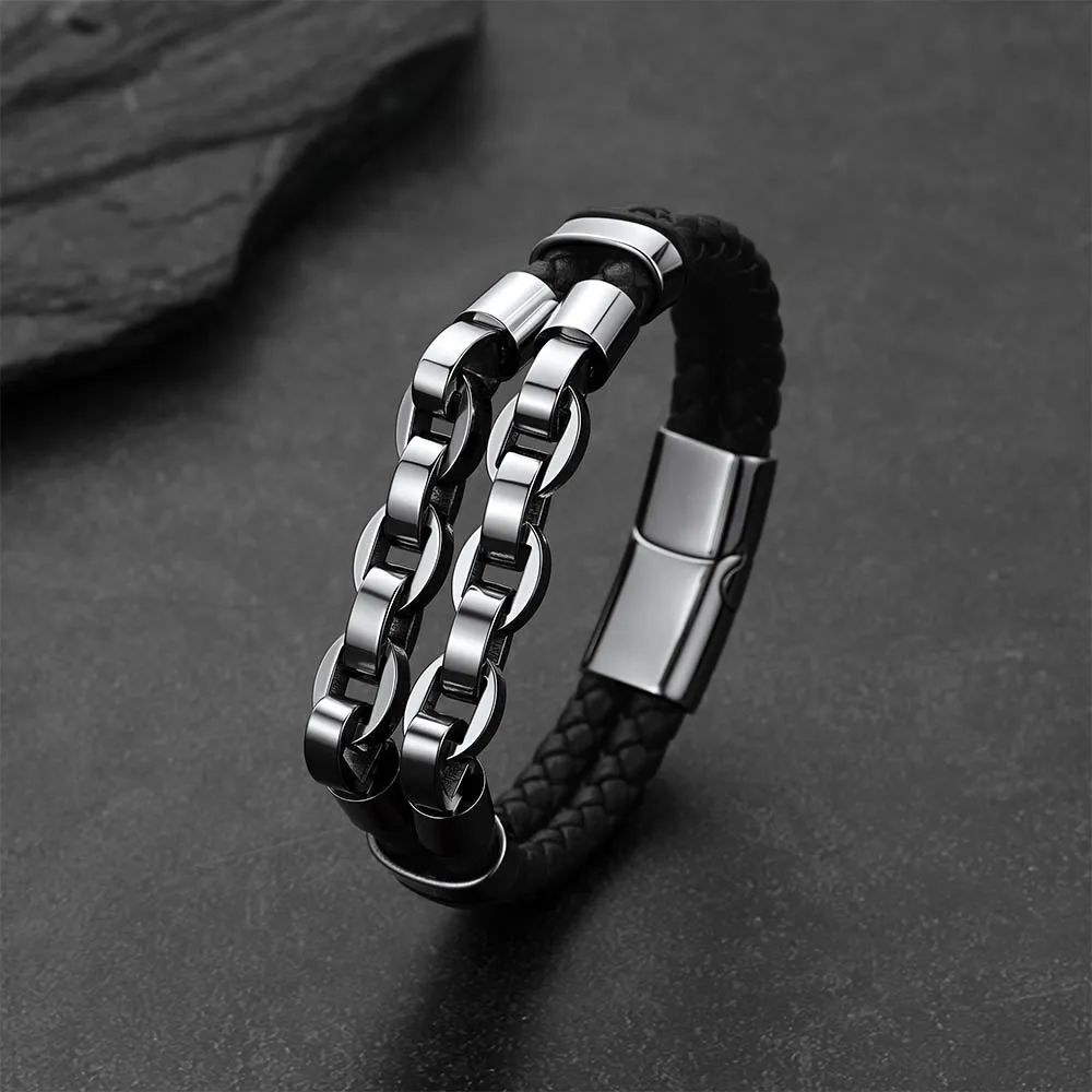 Punk Gothic Multilayer Leather Bracelet Double-Row Stainless Steel Chain Bangle for Men sold by FaithHeart product image thumbnail 4