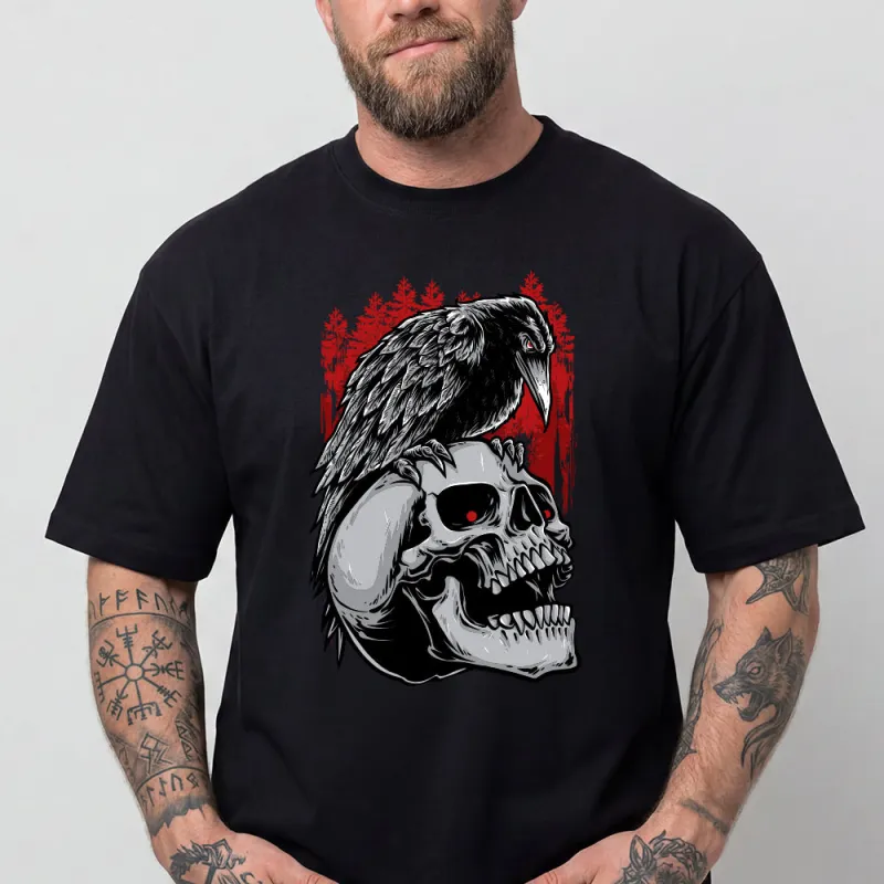Viking Odin Raven Skull T-Shirt Black Metal Graphic Tee for Men made by FaithHeart