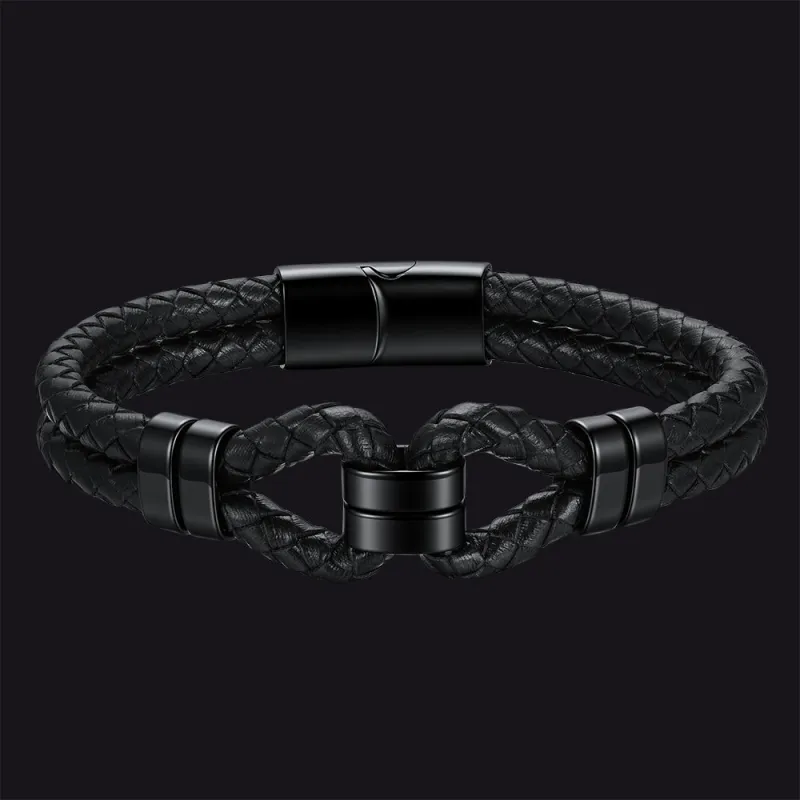 Men's All Black Leather Shackle Bracelet Double-Row Braided Wristband for Guys made by FaithHeart