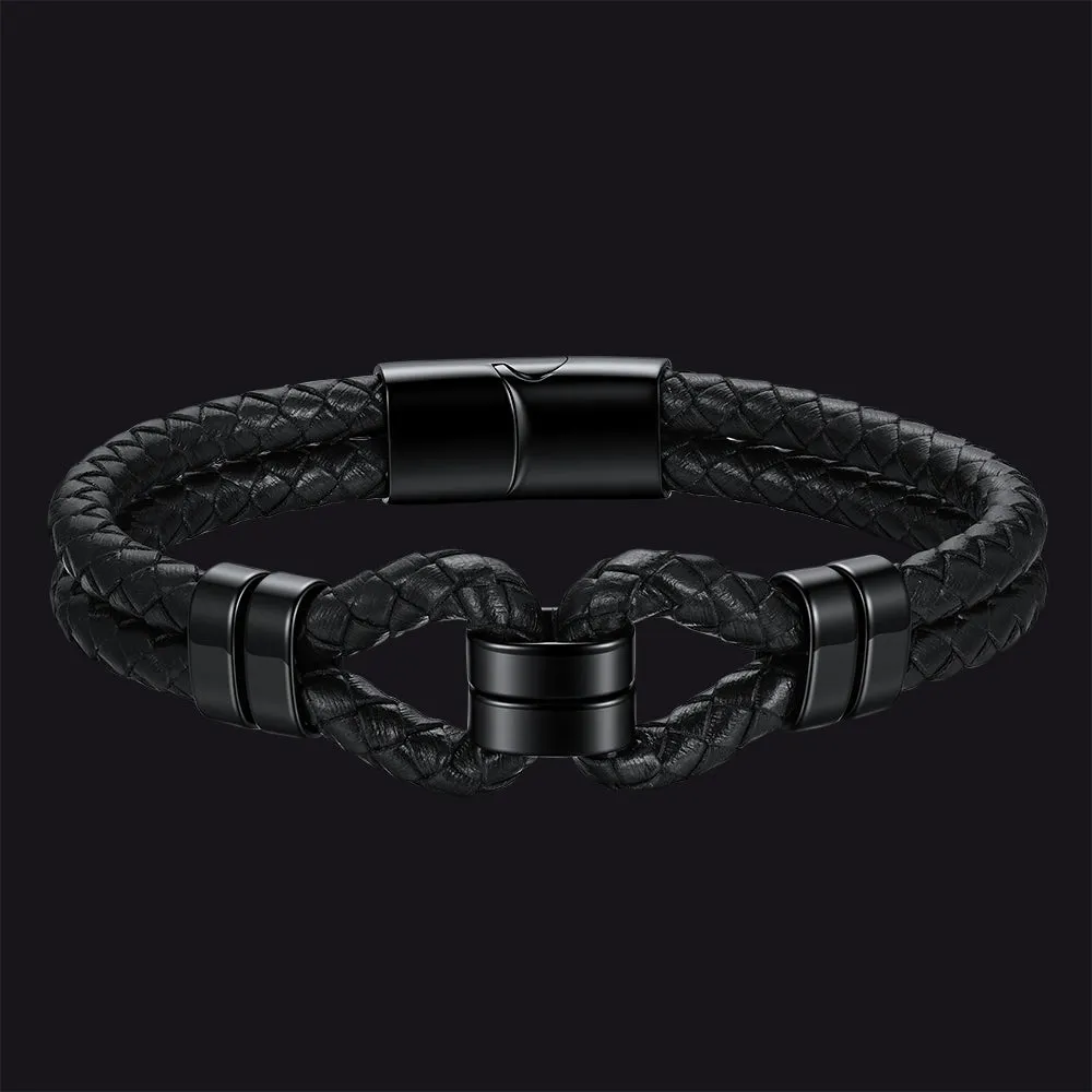 Men's All Black Leather Shackle Bracelet Double-Row Braided Wristband for Guys sold by FaithHeart