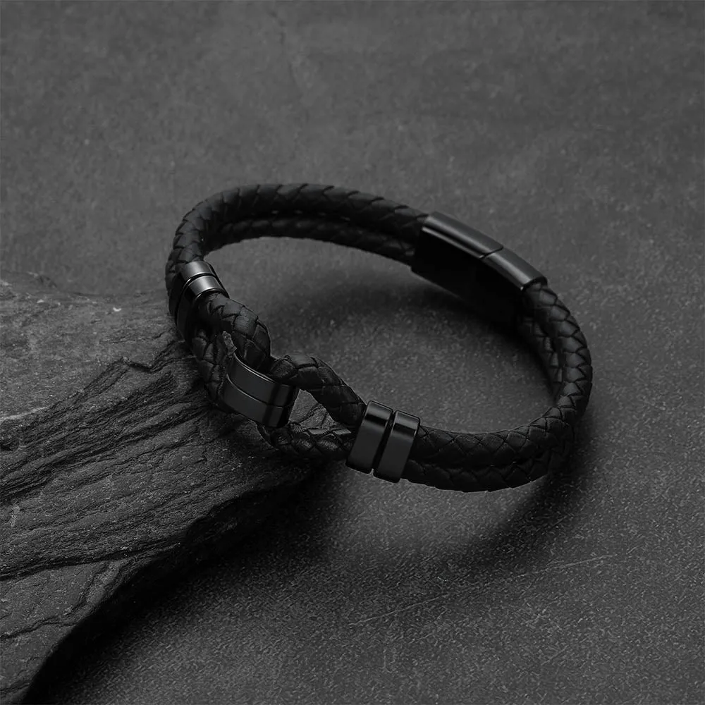 Men's All Black Leather Shackle Bracelet Double-Row Braided Wristband for Guys sold by FaithHeart product image thumbnail 2