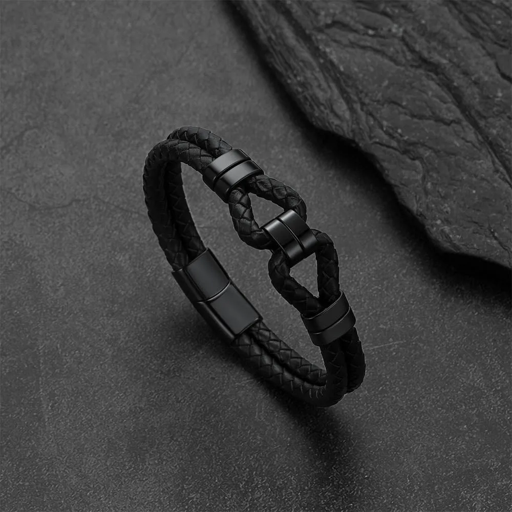 Men's All Black Leather Shackle Bracelet Double-Row Braided Wristband for Guys sold by FaithHeart product image thumbnail 3