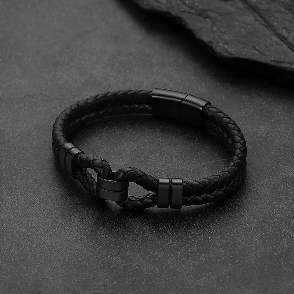 Men's All Black Leather Shackle Bracelet Double-Row Braided Wristband for Guys sold by FaithHeart product image thumbnail 4