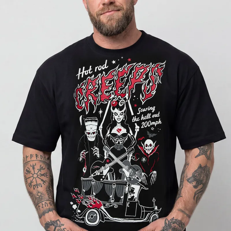 Halloween Gifts Hot Rod Greasers T-Shirt Retro Monster Rock Band Graphic Tee for Guys made by FaithHeart