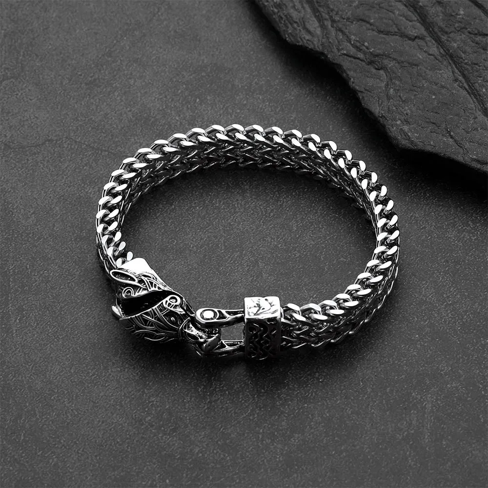 Viking Fenrir Wolf Head Double Foxtail Chain Bracelet for Men Guys sold by FaithHeart product image thumbnail 3