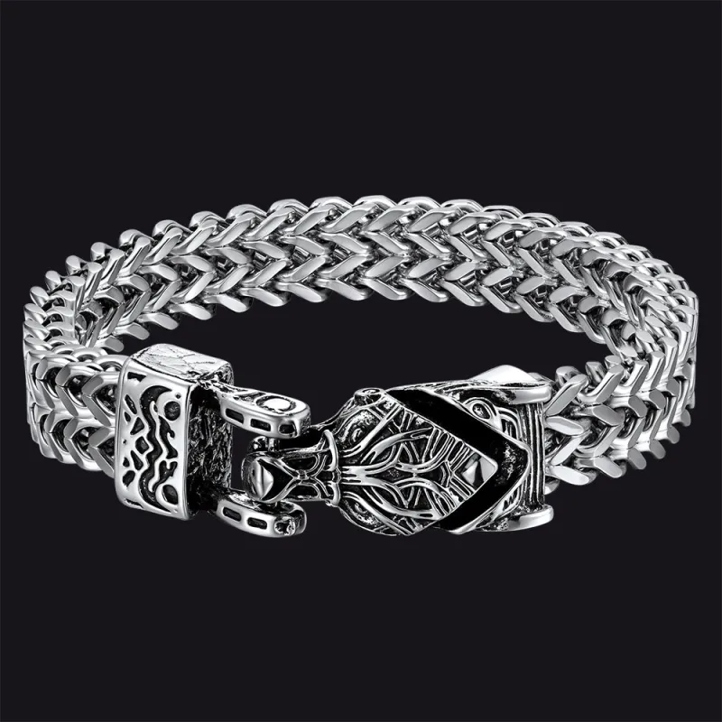 Viking Fenrir Wolf Head Double Foxtail Chain Bracelet for Men Guys made by FaithHeart