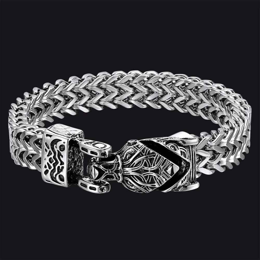 Viking Fenrir Wolf Head Double Foxtail Chain Bracelet for Men Guys sold by FaithHeart