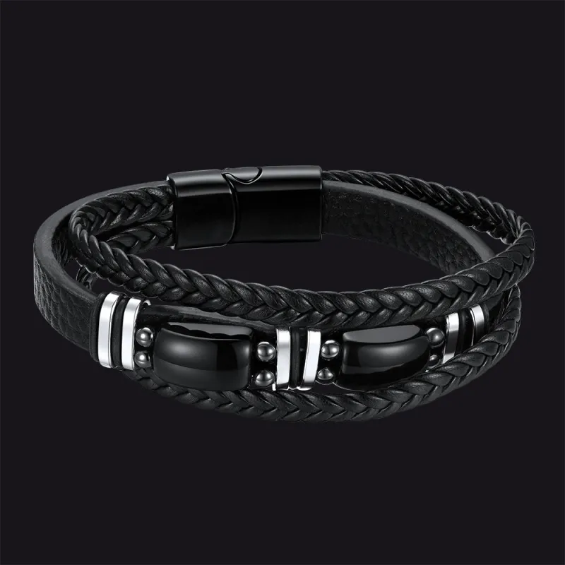 Obsidian Multilayer Leather Bracelet Braided Leather Wristband for Men made by FaithHeart