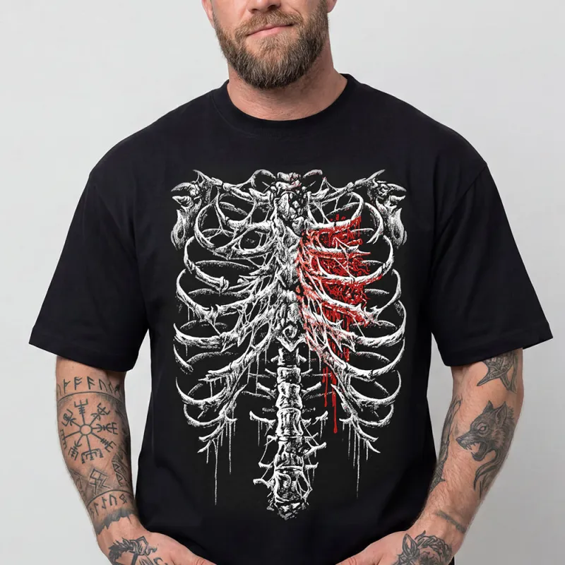 Gothic Skeleton Ribcage T-Shirt Bleeding Thorns Heart Graphic Tee for Men made by FaithHeart