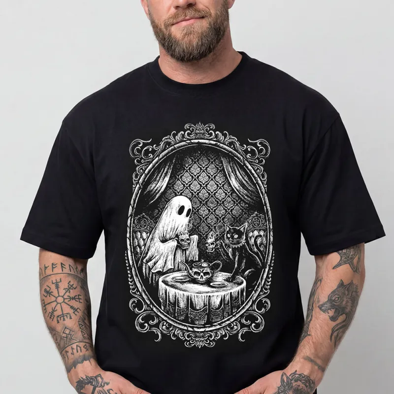 Halloween Skull Spooky Ghost T-Shirt Gothic Black Cat Tea Party Graphic Tee for Men made by FaithHeart