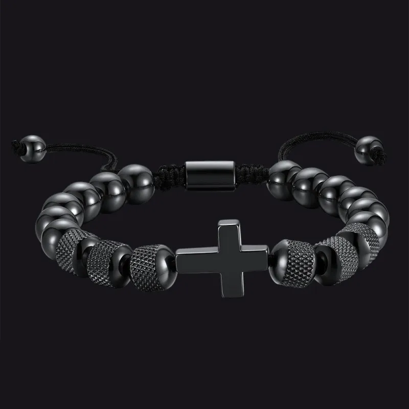Black Cross Obsidian Beads Bracelet Protection Wristband for Men made by FaithHeart