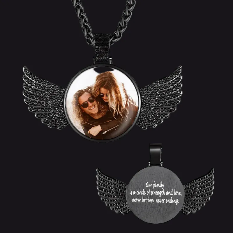 Couple's Custom Engraving Picture Pendant Angel Wings Necklace for Men Women made by FaithHeart