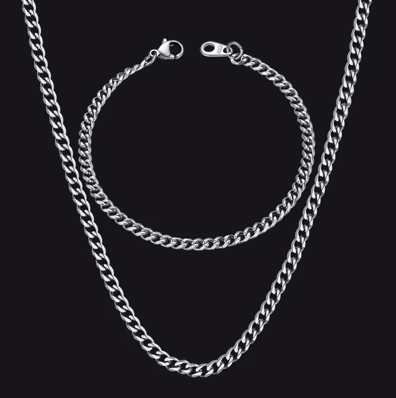 3MM Thin Curb Chain Necklace & Bracelet Bundle for Men BoyFriend made by FaithHeart
