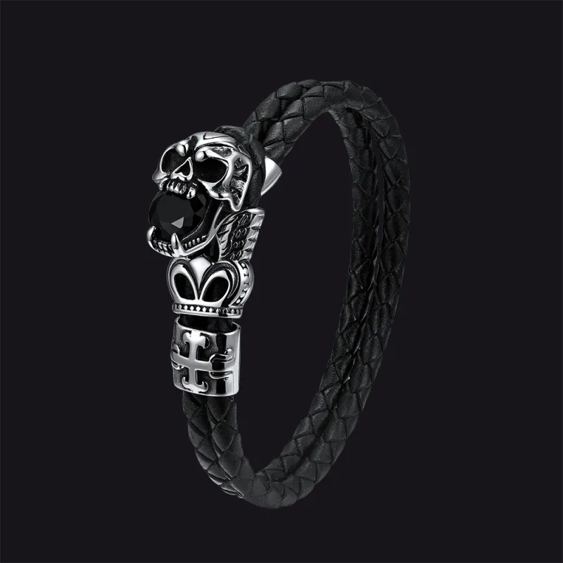 Gothic Crown Skull Black Braided Leather Bracelet with Zirconia for Men made by FaithHeart