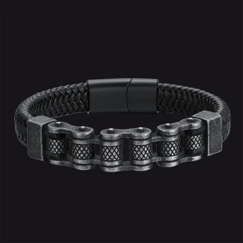 Men's Stainless Steel Motorcycle Bike Chain Bracelet Braided Leather Bangle for Guys made by FaithHeart