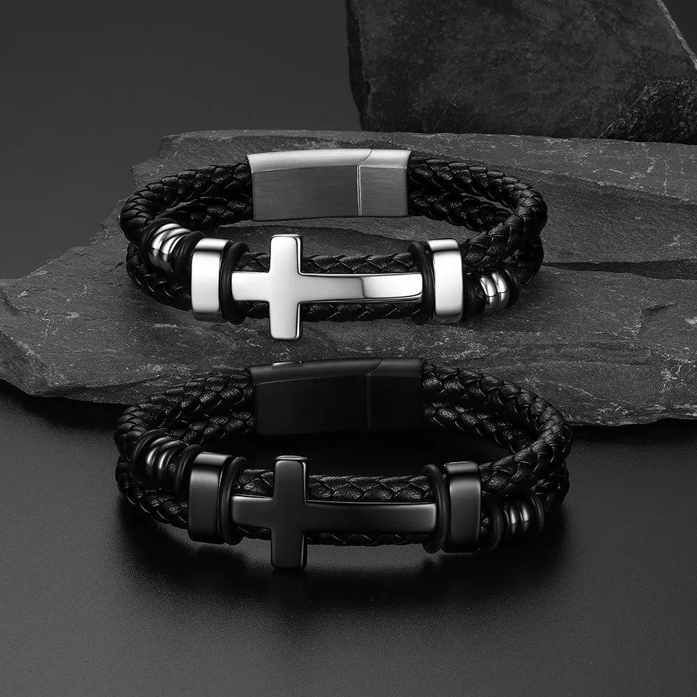 Black Braided Leather Bracelet with Stainless Steel Cross for Men Guys Gift sold by FaithHeart product image thumbnail 4